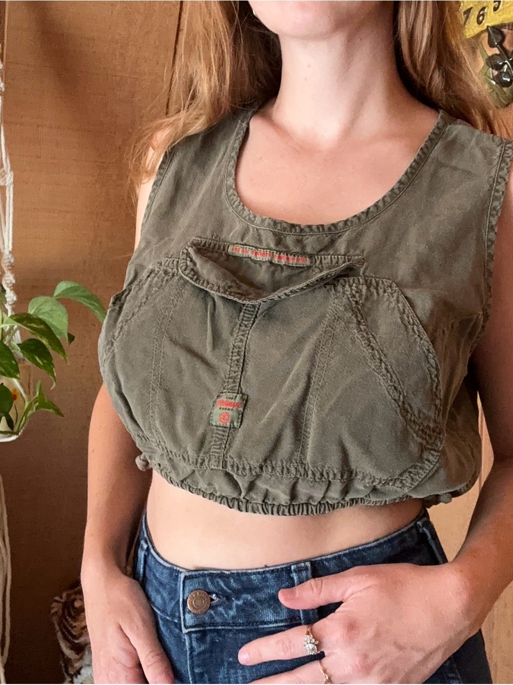 Vintage 90s Olive Green Utility Vest Cropped Cargo Made in USA
